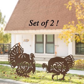Hokfirm Metal Turkey Garden Stakes Set of 2 Outdoor Thanksgiving Yard Decor Rusty Turkey Garden Statues Waterproof Steady (Turkey Rusty)