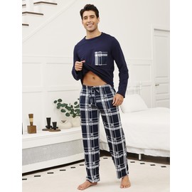 TeJoyce Mens Pyjamas Set Cotton Long Sleeve and Checked Pants 2 Piece PJ Set Soft Comfy Loungewear Men's Nightwear Set with Pockets Navy Blue