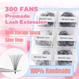 FADLASH Premade Fans Eyelash Extensions 300pcs 20D Premade Lash Fans C Curl Pre Made Fans Lash Extensions Volume Eyelash Extensions Premade Eyelash Fans Loose Fans (20D-0.07C-13-18mm)