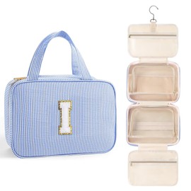 TOPEAST Travel Toiletry Bag for Women - Hanging Toiletry Bag Makeup Bag, Portable Toiletries Cosmetic Bag, Airplane Travel Essentials - Letter I, Blue