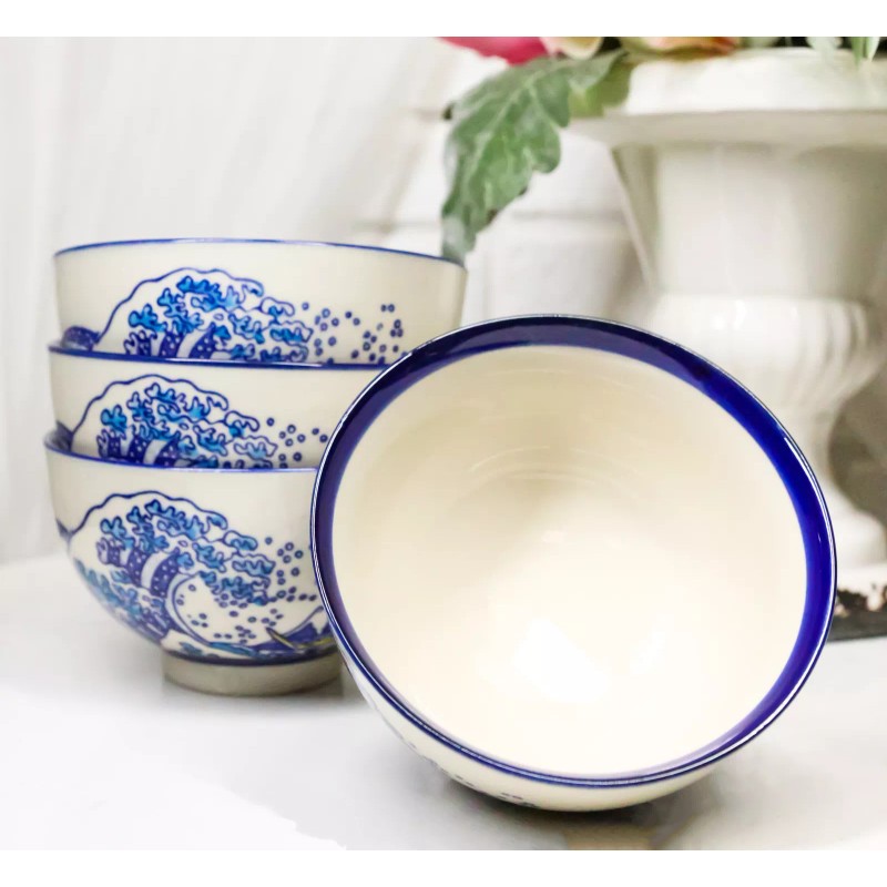 Pack Of 4 Blue Japanese Hokusai Great Wave Design Ceramic