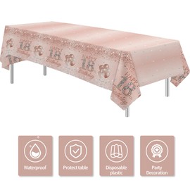 HIPVVILD 18th Birthday Decorations Tablecloth for Girls, 3 Pack Disposable Rose Gold Happy 18th Birthday Party Supplies Tablecover, 86in x 55in