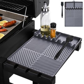 Silicone Griddle Tools Mat for Blackstone, Silicone Grill Mat for Blackstone Griddle Cover 16" x 11.5", Silicone Spatula Mat with Drip Pad and Brush for Multiple BBQ Grill Tools Accessories (Grey)
