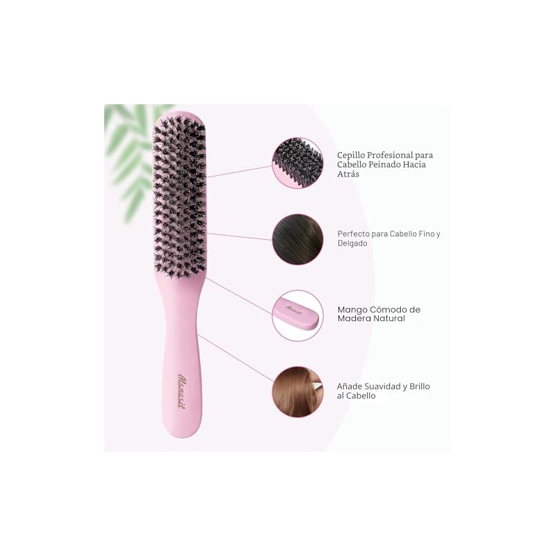 Cepillo de pelo con mango de madera rosa, cerdas de