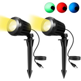 Holeva Spotlight Outdoor, 10W LED Spot Lights Outdoor 2700K Warm White with 3 Extra Lenses (Red Green Blue) | 120V Plug in Landscape Lighting with IP67 Waterproof for Yard 2 Pack