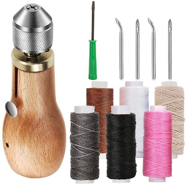 12 Pieces Portable Sewing Awl Kit,Stitching Awl Hand Stitcher Repair Tool Kit for Leather, Heavy Fabrics and Canvas with Needles(Straight and Curved), Coil and Waxed Threads for DIY Process