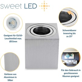 Sweet Led Surface-Mounted Spotlight GU10 Square - Brushed Aluminium - Surface-Mounted Spotlight Pivoting Surface Mounted Light with Socket 230 V - Square Surface-Mounted Spotlight Indoor
