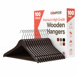 Brown Wooden Hangers 100 Pack – Heavy-Duty with 360° Swivel Hook, Non-Slip, Pants Bar & Shoulder Grooves - Wooden Hangers for Suits, Jackets, Dresses & Camisoles, Space-Saving and Smooth Finish