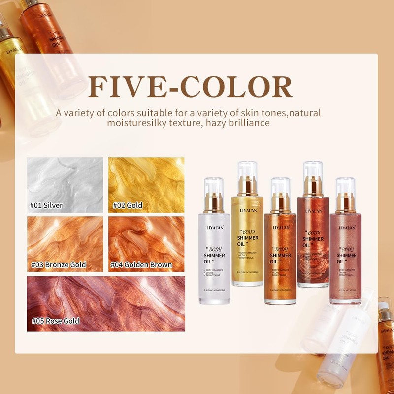 Liyalan Shimmer Body Oil 5 Color Gold 3.38 Fl Oz