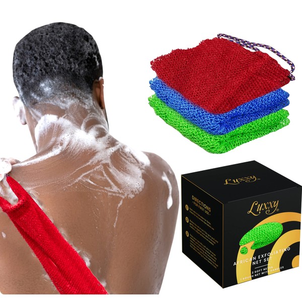 Luxxy 3 Pack Set 2 Soft African Exfoliating Nets & 1 Rough African Net Sponge, The Perfect African Net Cloth For The Back, Neck or Feet, Achieve Smooth Soft Silky Skin, For Daily Use & Great Gifts