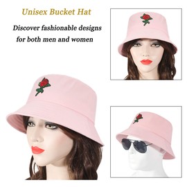 ZLYC Unisex Fashion Embroidered Bucket Hat Summer Fisherman Cap for Men Women Teens (Rose Pink)