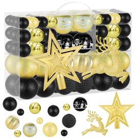 102PCS Black & Gold Christmas Ornaments - Assorted Plastic Shatterproof Balls for Xmas Tree Decorations