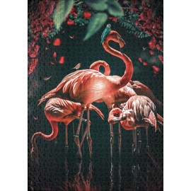 Ulmer Puzzleschmiede - "The Flamingo Show" Jigsaw Puzzle - Fairytale 1000 Piece Flamingo Puzzle - Bright Pink Flamingos Post Brilliantly against Black Background - Graceful Birds as Night Puzzle