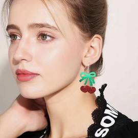 YISXVD Acrylic Bow Cherry Heart Earrings for Women Cute Ribbon Bowknot Fruits Love Dangle Drop Earrings Valentines Day Jewelry (Red)