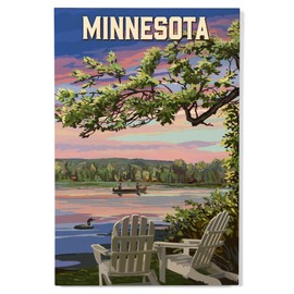 Lantern Press 12x18 Inch Premium Wood Sign, Ready to Hang Wall Decor, Minnesota, Adirondack Chairs and Lake