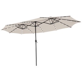 Tangkula 15 Ft Twin Patio Umbrella with 48 LED Lights, Double-Sided Outdoor Umbrella W/ Auto-Charging Solar Panel, Extra-Large Outdoor Market Umbrella W/ Hand-Crank System for Poolside, Garden & Backyard (Beige)