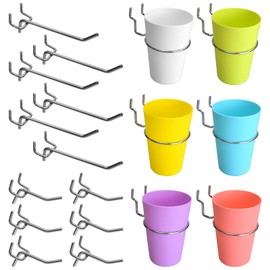 Pegboard Hooks Cups Accessories - 18 Pack Pegboard Display 2 & 4 inch Flat Brackets Small Hanging Cups for 1/8" 1/4" Peg Board - Tool Organizer Hangers for Garage Craft (6 Colorful Cups & 12 Hooks)