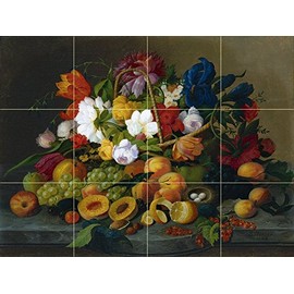 Fruit and Flowers by Severin Roesen Tile Mural Kitchen Bathroom Wall Backsplash Behind Stove Range Sink Splashback 4x3 4.25" Ceramic, Matte