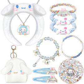 NlsqUK Cartoon Sanrio Headband Set, Cute Hair Accessories for girls, Cinamorol Gifts Include Headband Hair Ties Hair Clips Purse Stickers Necklace Bracelet