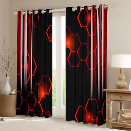 jejeloiu Honeycomb Curtains (2 Panels, 38 x 54 Inch) Modern Geometry Hexagon Theme Red Blackout Curtains Room Geometry Strip Lines Darkening Dreapes Modern Gradient Black Red Window Treatments