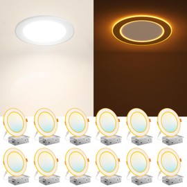 Amico 12 Pack 6 Inch 5CCT LED Recessed Ceiling Light with Double Ring Night Light, 2700-5000K Selectable Ultra-Thin Recessed Lighting, 12W=110W, 1100LM, Dimmable Canless Wafer Downlight, ETL, FCC