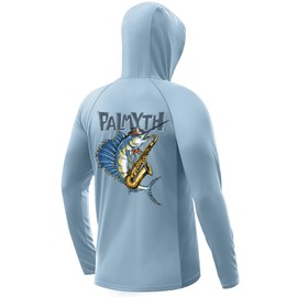 Palmyth Fishing Hoodie for Men Long Sleeve Sun Protection UV UPF 50+ Shirts（Light Blue/Sailfish Saxophone，4XL）
