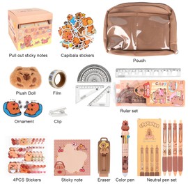 Lotvic Capybara Stationery Set, Capybara Pencil Case with Pens, Ruler, Eraser, Sticky Notes, Sticker, Keychain and More, Cute Capybara Stationery Set for Kids Students Back to School