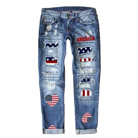 TACSTRUN Womens Boyfriend Jeans Stretchy Ripped Distressed Heart American Flag Denim Pants (M, Heart American Flag)