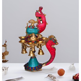 Purpledip Brass Deepak/Diya Kuthu Vilakku: Peacock Design with Magnificent Gemstones; Indian Religious Gift (11315)