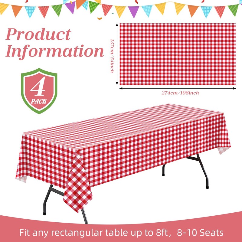 Spring rain 4 Pack Red and White Checkered Tablecloth 54x108