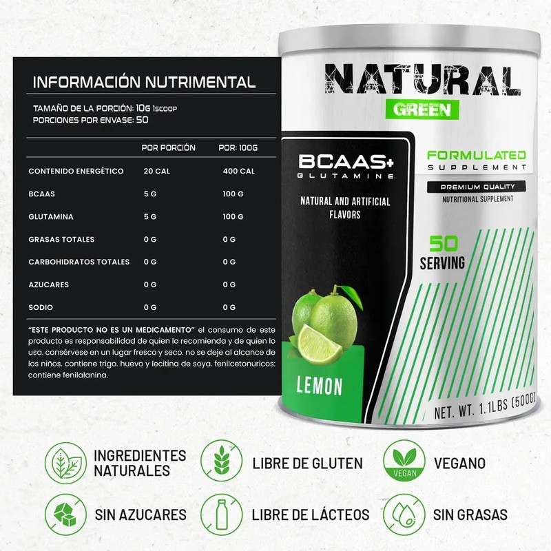 Bcaas Glutamina Aminoácidos Natural Green 500g Sabores Sabor Limón