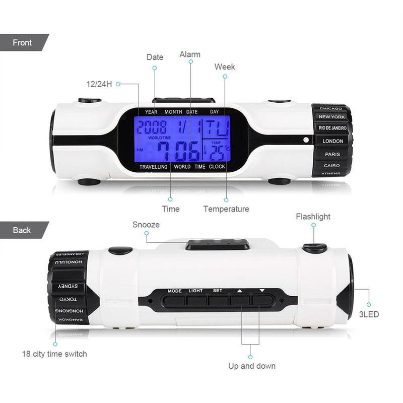 GOTOTOP Travel Clock,Flashlight LED Digital World Time Travel Alarm Clock