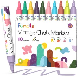 Funcils 10 Vintage Colored Liquid Chalk Markers for Chalkboard Signs, Blackboard, Window, Labels, Bistro, Glass, Car - Wet Wipe Erasable Ink Chalk Board Markers, Reversible 6mm Tip Pastel Chalk Pens