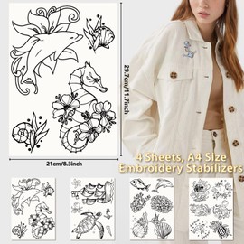 CRASPIRE 4 Sheets Sea Animal Ocean Water Soluble Embroidery Stabilizers Turtle Seahorse Hand Sewing Stick and Stitch Transfers Paper Wash Away Pre-Printed Self Adhesive Patterns for Cloth Sewing Lover