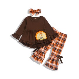 Gavol Toddler Baby Girl Thanksgiving Outfits Turkey Dress Top+Plaid Flares Pant Toddler Girl Thanksgiving Clothes Set