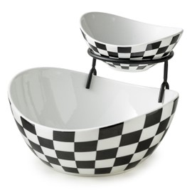 Miamolo Tiered Serving Bowls Chip and Dip Serving Set, Checkered Serving Bowl with Stand, Ceramic Appetizer Serving Dishes Serving Platters and Trays for Parties Entertaining
