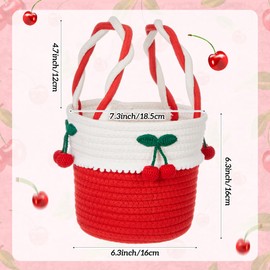 Honeydak Cherry Basket with Handles Small Woven Storage Basket Cute Cotton Rope Cherry Round Decorative Rope Bin for Home Organization Storage Gift Baby Cat Dog Toy,7.3"x 6.3"x 6.3"