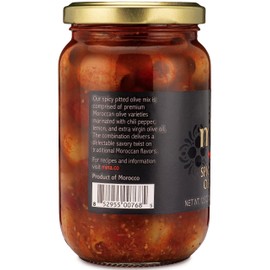 Mina Mina Spicy Pitted Olive Mix, 12.5 oz C Premium Handpicked Moroccan Olives with Red Chili Pepper Harissa, Keto Friendly Spicy Olives, Low Carb, Vegan, Gluten Free Healthy Snacks