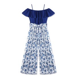 oklady Girls Jumpsuit Belted Ruffle Trim Cap Sleeve Romper High-waisted Pleated Wide Leg Jumpsuit