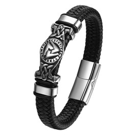 Flongo Leather Bracelet Men's Vikings: Thor's Hammer Triangle Leather Bracelet Black Silver Stainless Steel Mjölnir Engraving Chain Viking Leather Jewellery Multilayer Braided Leather Band for Men