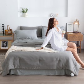 COTTEBED Ultra-Soft Bed Sets Queen with Comforter and Sheets - All Season Use 7 Pieces Bed in a Bag, Aesthetic Solid Polycotton Dark Grey Queen Comforter and Light Gray Bedding Sheet Sets Pillowcase