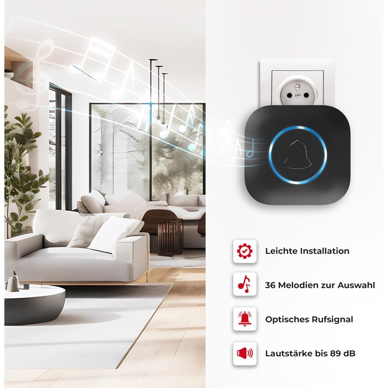 Heidemann Blackline 70913 Wireless Doorbell Receiver, Expandable, Plug-In Wireless Doorbell,