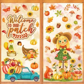 Whaline 9 Sheet Fall Window Clings Watercolor Pumpkins Patch Scarecrow Truck Window Decals Double-Sided Window Stickers for Autumn Thanksgiving Harvest Home School Office Accessories Party Supplies