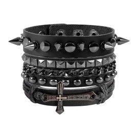 MILAKOO Faux Leather Bracelet for Men Black Crosses Rivets Bracelets Men Punk Rock Bracelet Set, Faux Leather