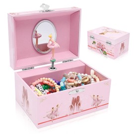 Jokapy Musical Ballerina Jewellery Box for Girl Kid Music Box with Rotating Ballerina Ballet Birthday Present for Little Girl 14.8 x 10.6 x 8.5 cm Pink