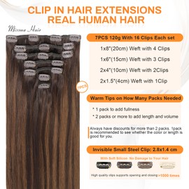 Missme Clip In Hair Extensions Real Human Hair,16in 120g 7pcs 16 Clips On Hair Extensions 100% Real Human Balayage Dark Brown Mixed Chestnut Brown Hair For Women