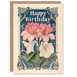 Artery8 Birthday Card Floral Art Nouveau Pink Lily Flower For Her Gran Sister Niece Daughter Wife Woman Greeting Card