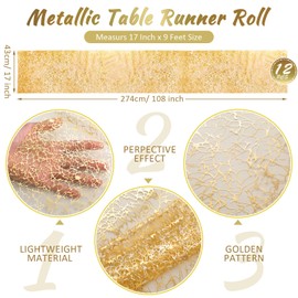 Chumia 12 Pieces Gold Table Runner 17 x 108 Inch Sequin Glitter Table Runner Roll Metallic Thin Mesh Fabric Decor for Party Wedding Shower Birthday Baby Shower Party Supplies