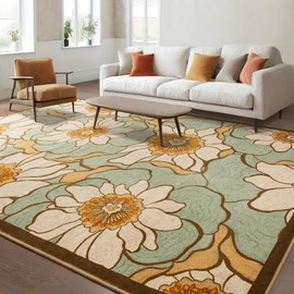 ST.BRIDGE Boho Floral Area Rug 5x8 Washable Living Room Rug Low Pile Non-Slip Large Carpet, Yellow Throw Soft Kids Nursery Rug for Bedroom, Bedside, Kids Room, Office, Dining Room