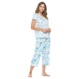 Casual Nights - Conjunto de pijama para mujer, diseño floral, parte superior y pantalones capri, con estampado en la parte inferior, Azul, 4XG